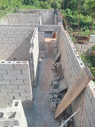 Concrete block walls and reinforced columns under construction